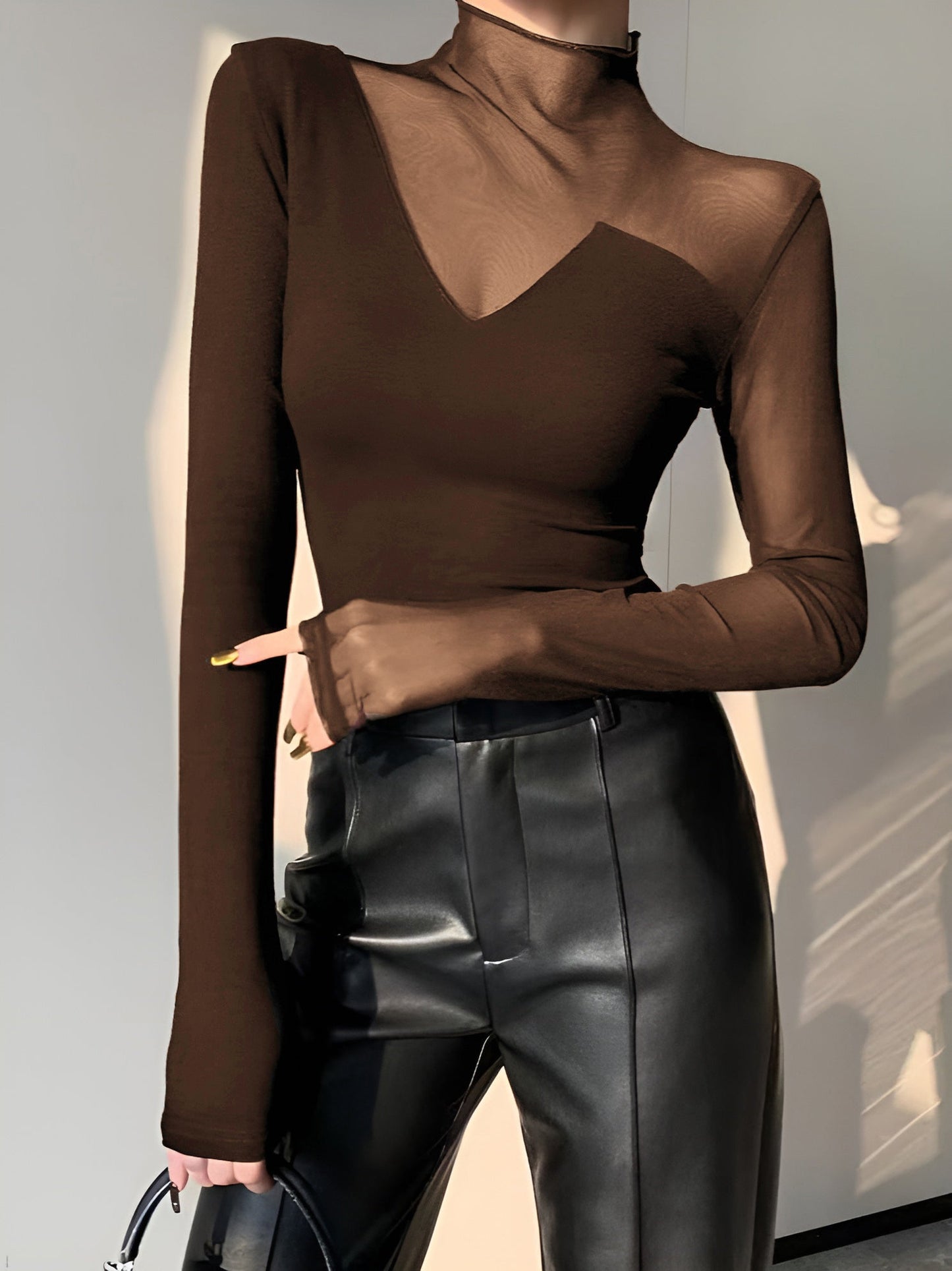 Women's asymmetrical long sleeve top with sheer mesh panels, soft viscose cotton blend workwear tee