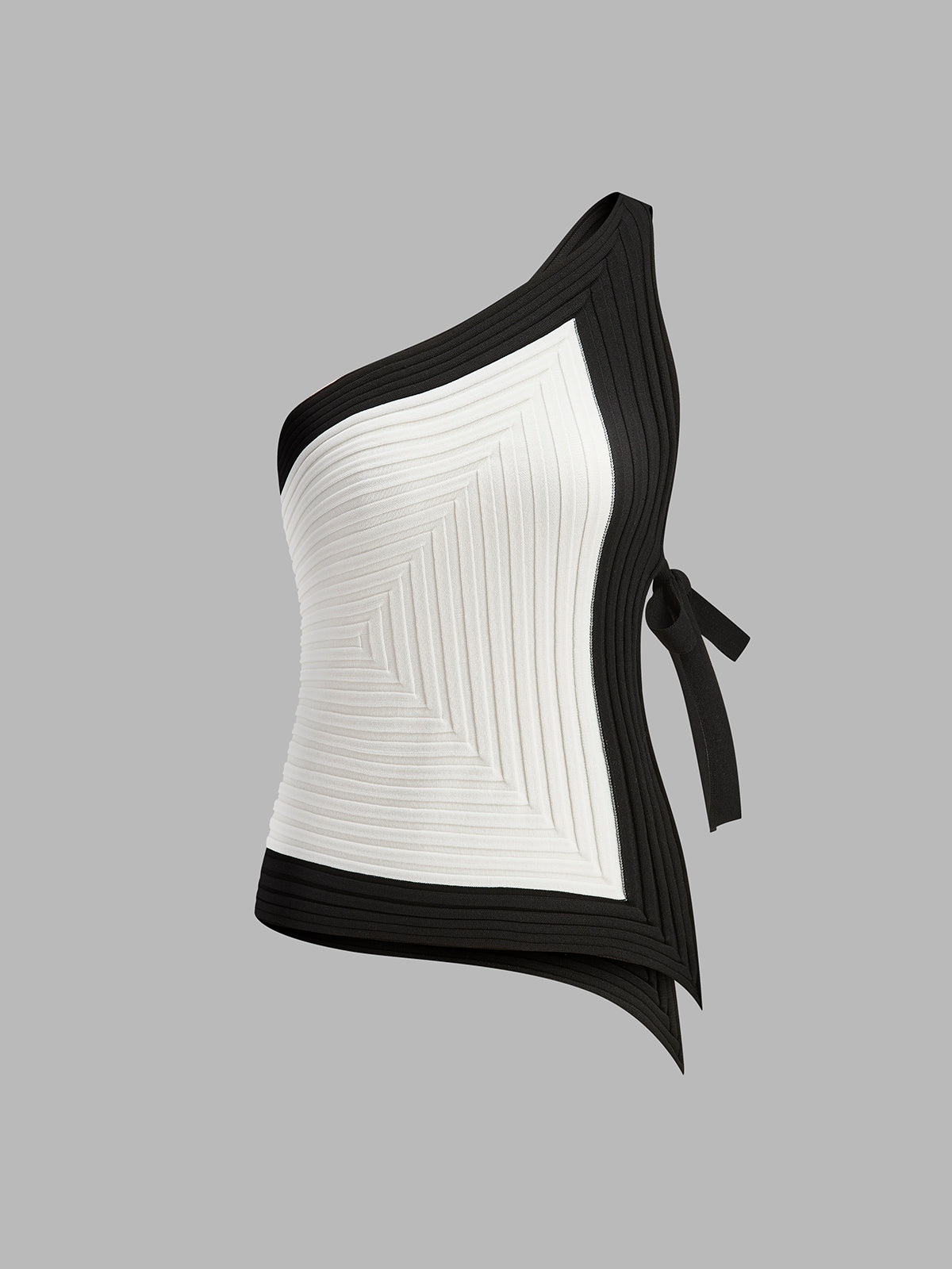 Women's slim fit ribbed knit top with asymmetrical neckline and adjustable side tie detail