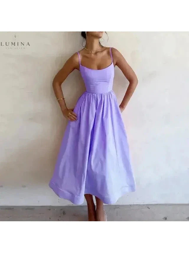 Women's elegant sleeveless dress soft comfort fit flattering scoop neckline adjustable straps timeless silhouette