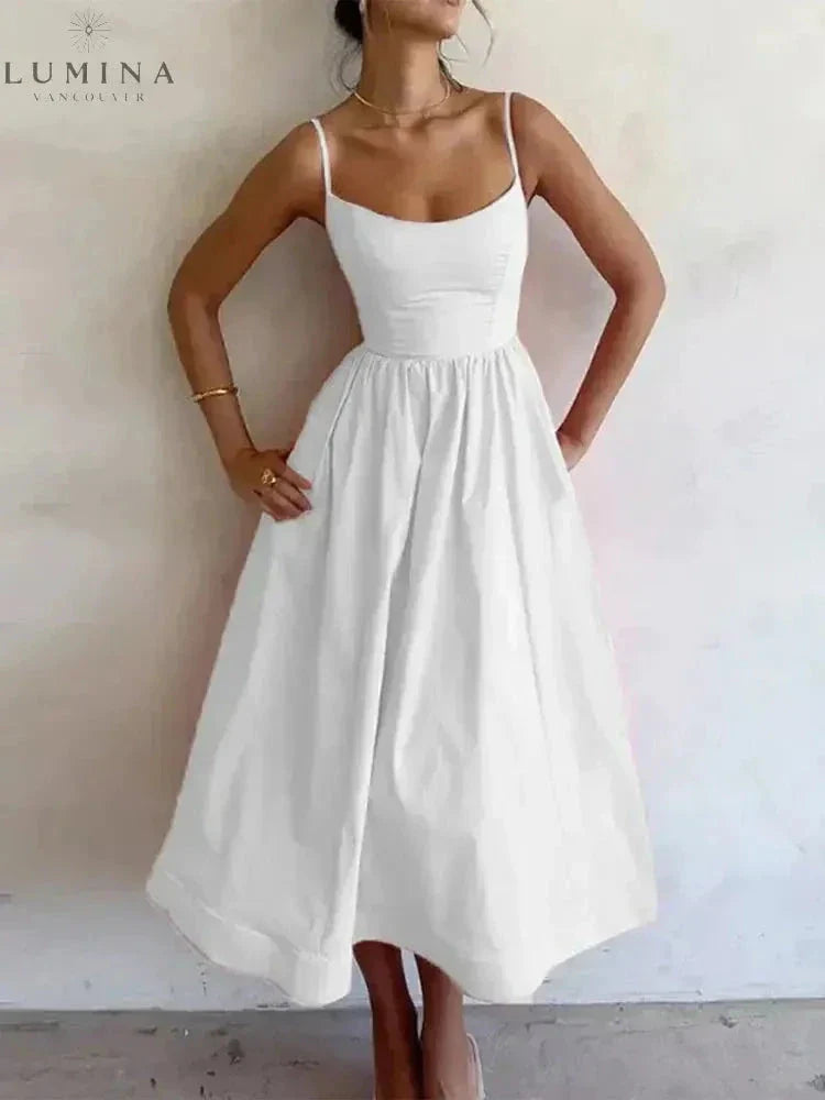 Women's elegant sleeveless dress soft comfort fit flattering scoop neckline adjustable straps timeless silhouette