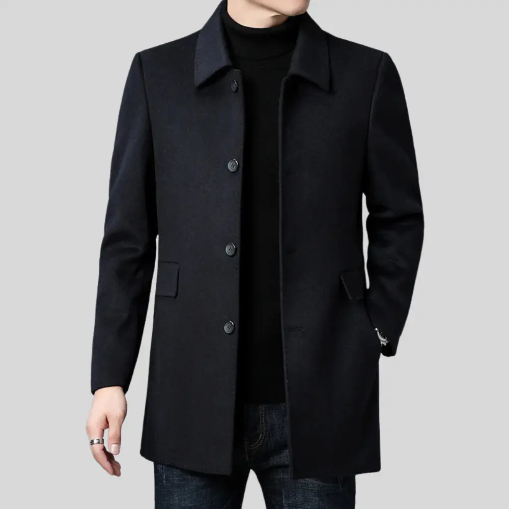 Men's tailored single breasted mid-thigh coat, sleek polyester blend, polished formal silhouette