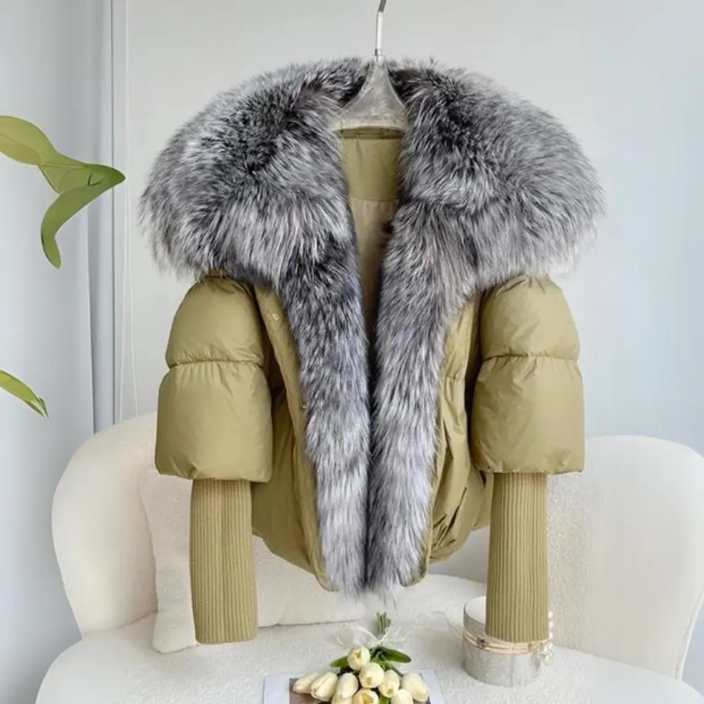 Women's black puffer jacket with soft faux fur collar, down filling, warm cozy winter style
