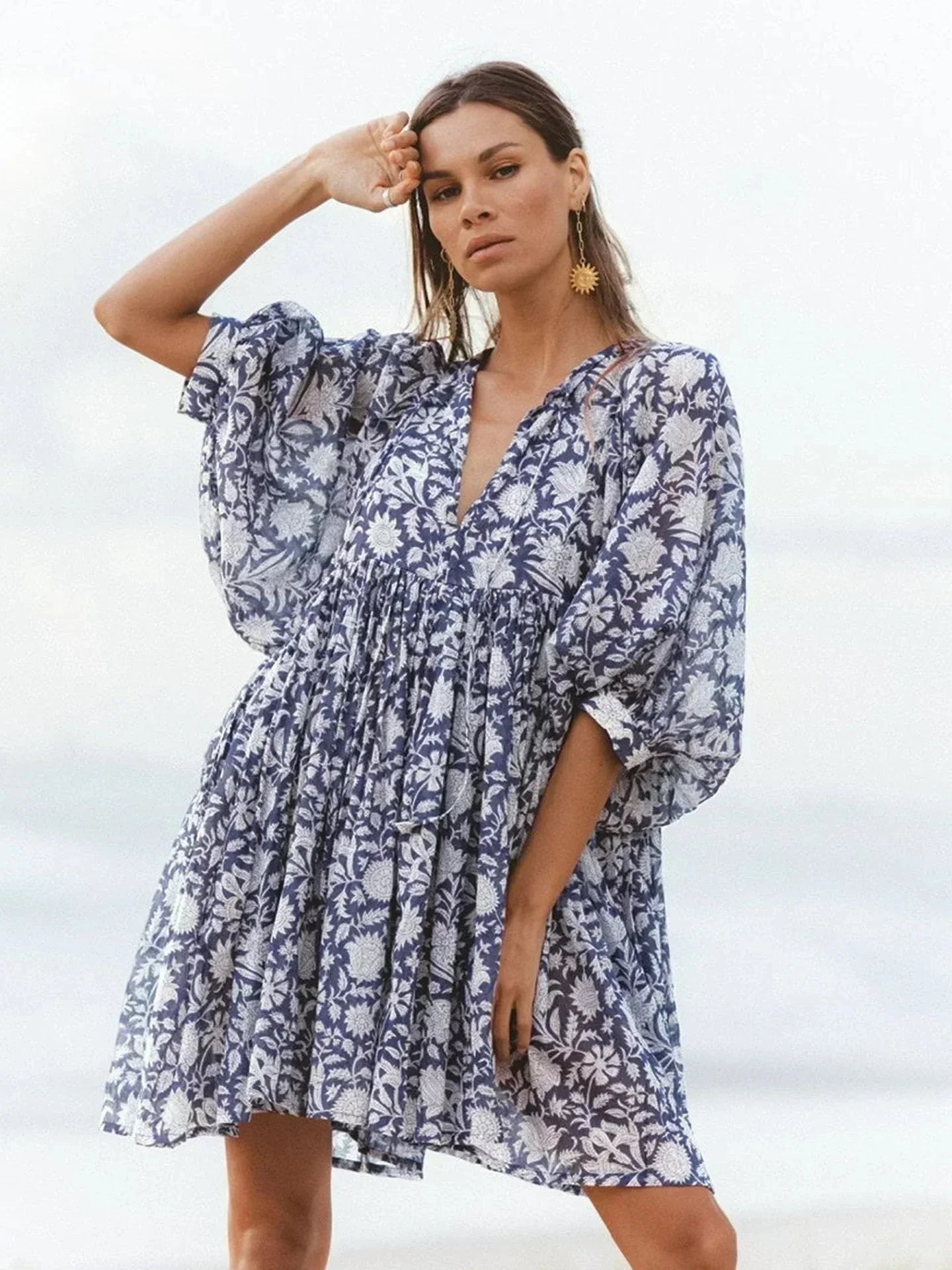 Boho floral midi dress women lightweight flowy three-quarter sleeves hand-drawn print relaxed fit