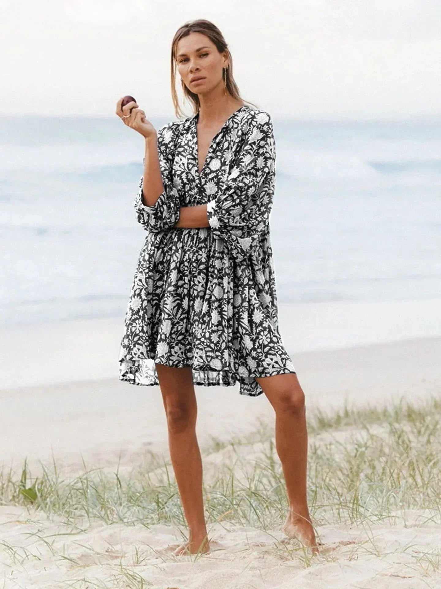 Boho floral midi dress for women, lightweight flowy rayon blend with three-quarter sleeves