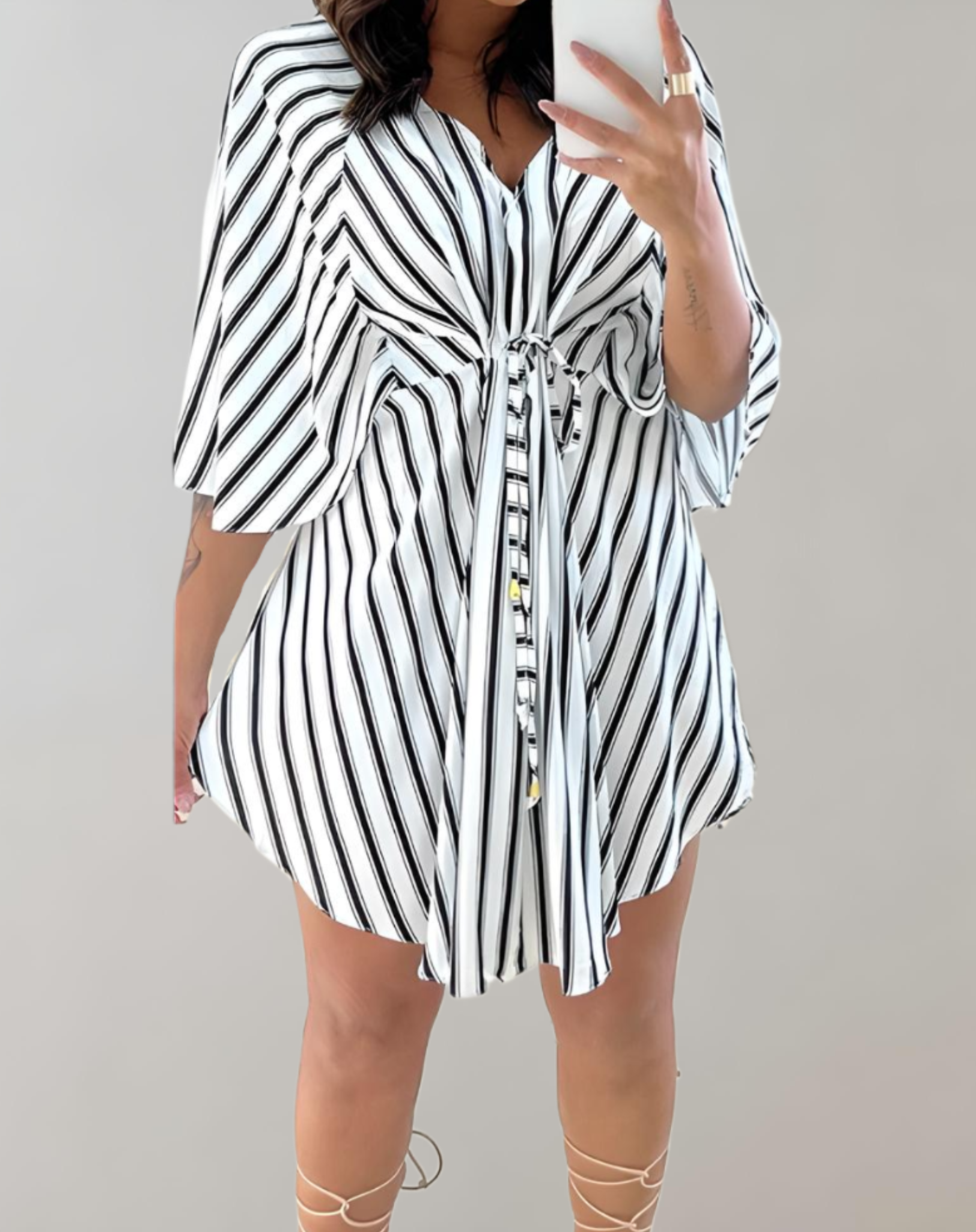 Women's flowing kaftan dress V-neck lightweight rayon blend adjustable tie waist resort style