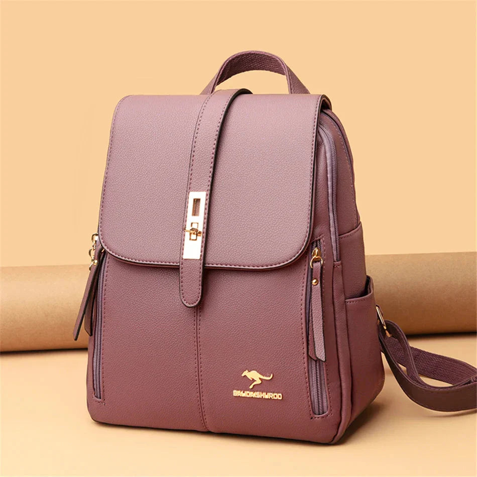 Structured women's backpack flap buckle closure work travel everyday durable organized neutral design
