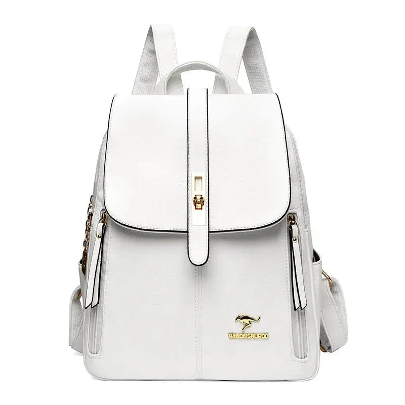 Structured women's backpack with flap buckle closure, durable organized design for work travel everyday use