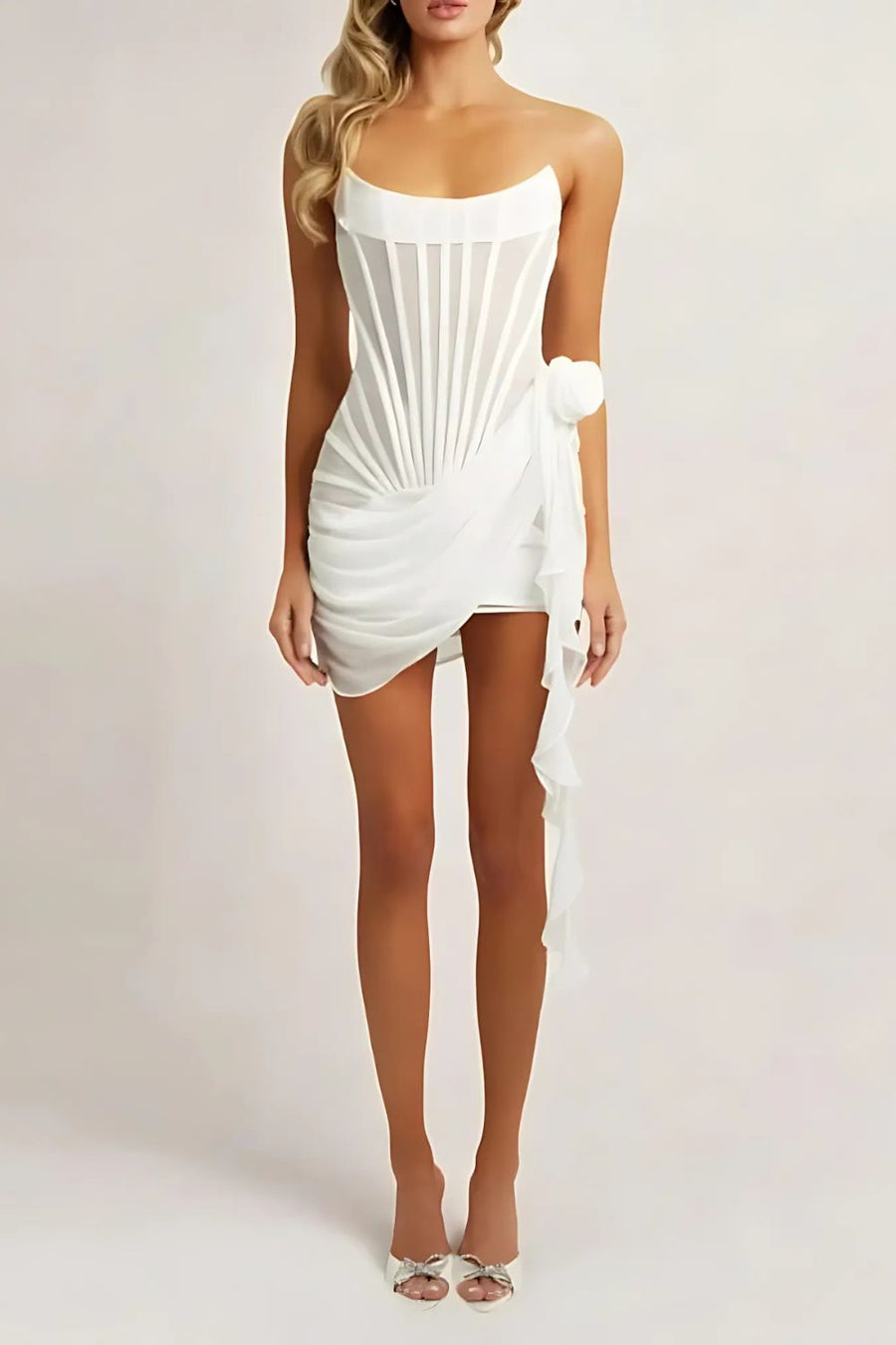 Strapless corset mini dress black boned bodice sculpted silhouette chiffon evening party wear