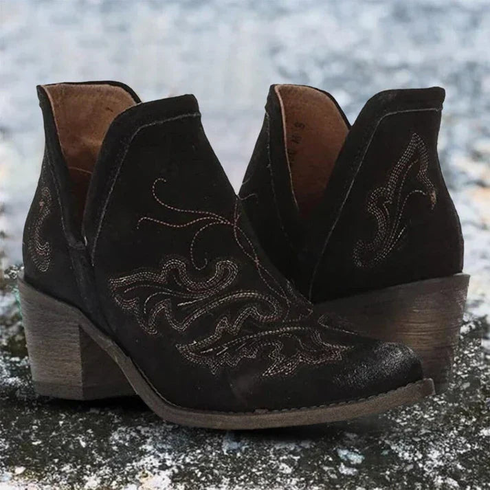 Women's black cossack-toe ankle boots with high heels, sleek silhouette for elegant everyday wear