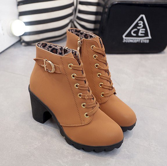 Women's faux suede lace-up ankle boots with gold detailing, side zipper, and 8.5cm heel