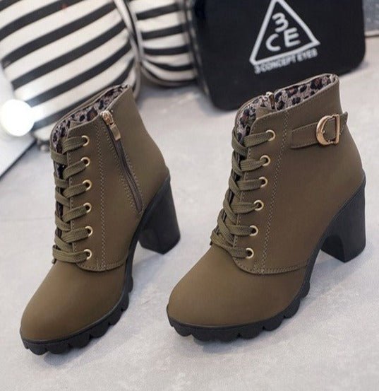 Women's faux suede lace-up ankle boots with gold detailing, side zipper, and 8.5cm heel