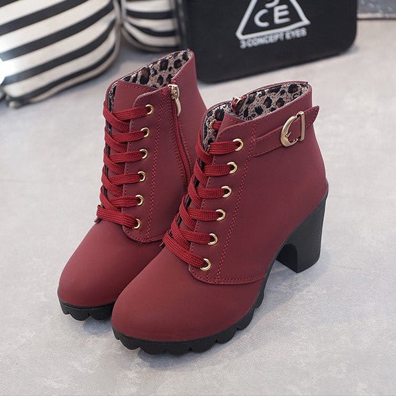 Women's faux suede lace-up ankle boots with gold detailing, side zipper, and 8.5cm block heel