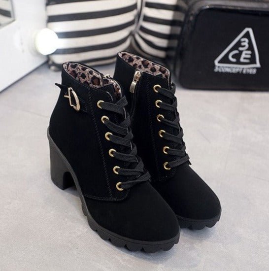 Women's faux suede lace-up ankle boots with gold detailing, side zipper, and 8.5cm heel