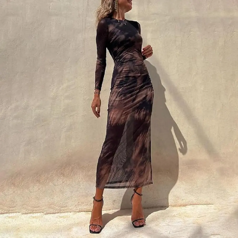 Women's slim fit long sleeve tie-dye party dress in bold print with stretchy soft mesh fabric
