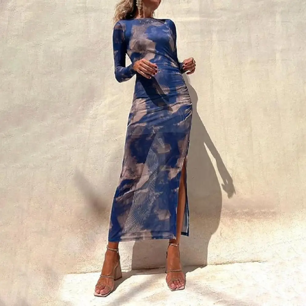 Women's slim fit tie-dye long sleeve dress in bold multicolor print with soft stretchy mesh fabric