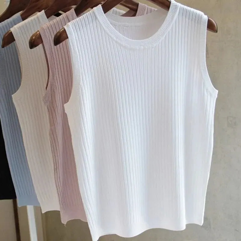 Ava women's sleeveless knitted vest, O-neck lightweight summer casual top in neutral tones