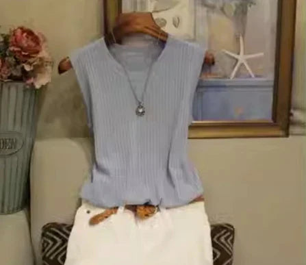 Women's sleeveless knitted vest O-neck lightweight casual summer layering top in neutral tone