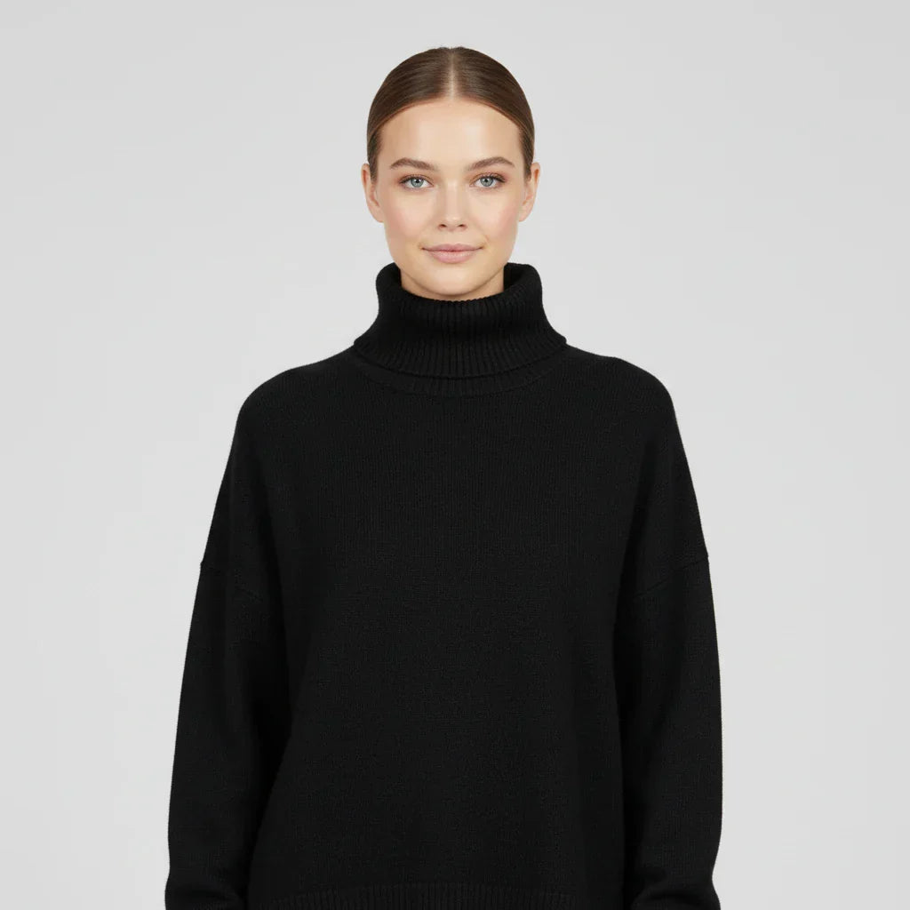 Women's oversized turtleneck sweater ribbed knit drop shoulders short sleeves cozy relaxed fit