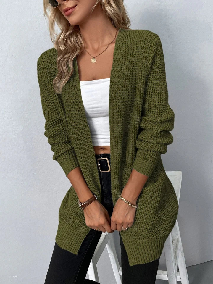 Women's chunky knit wool blend cardigan, relaxed thigh-length fit, V-neck, front pockets, cozy layering