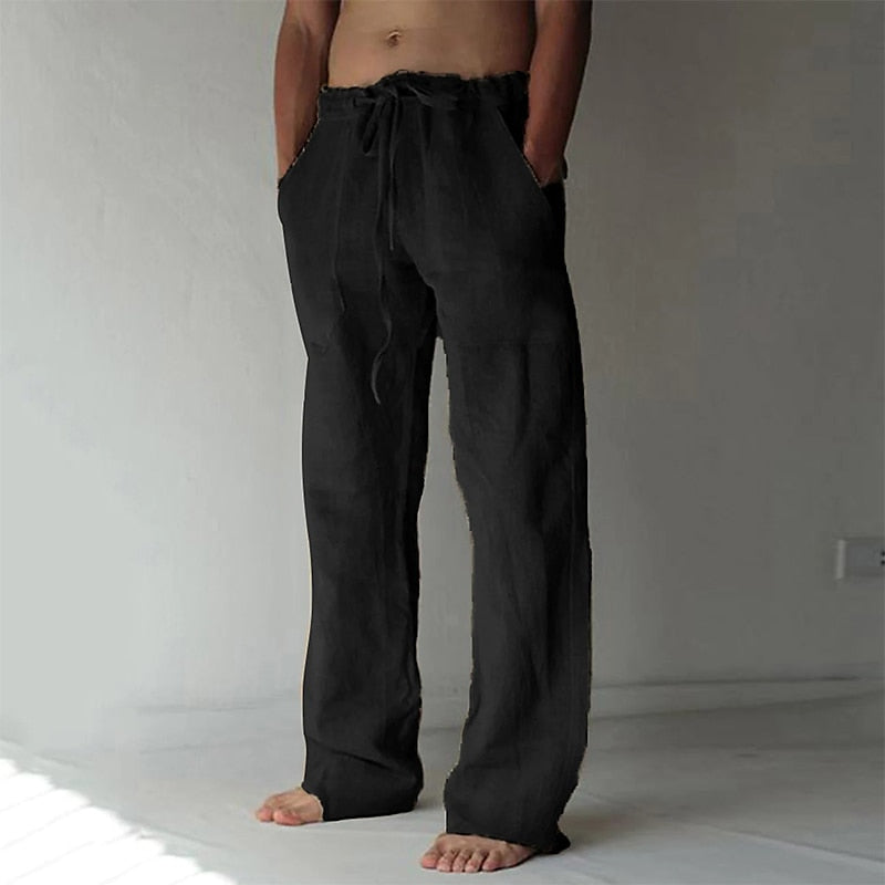 Men's beige linen cotton blend relaxed fit casual pants lightweight breathable summer style