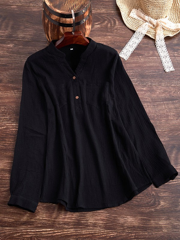 Women's relaxed fit blouse long sleeves natural fibers casual style with chest pockets