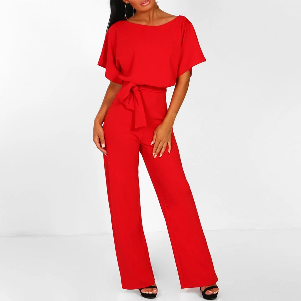 Women's wide-leg jumpsuit belt waist short sleeves back keyhole elegant comfortable cotton blend