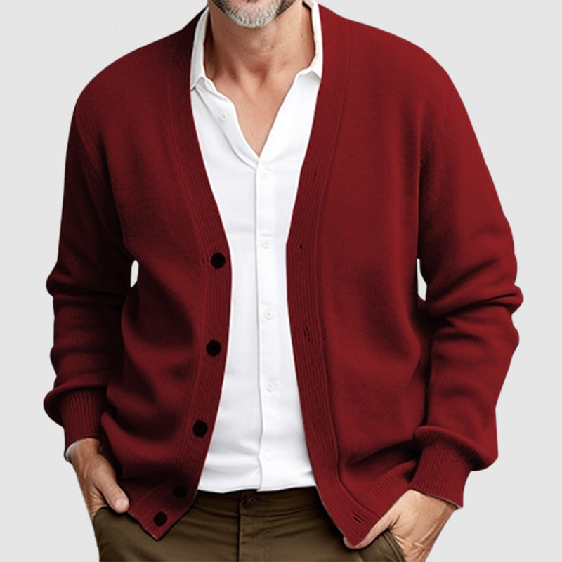 Men's classic knit V-neck sweater with button placket, versatile layering style for everyday wear