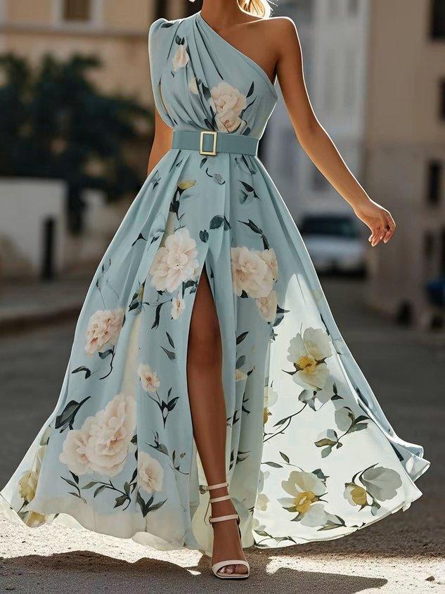 Light green floral chiffon maxi dress with ruched one-shoulder neckline and A-line silhouette