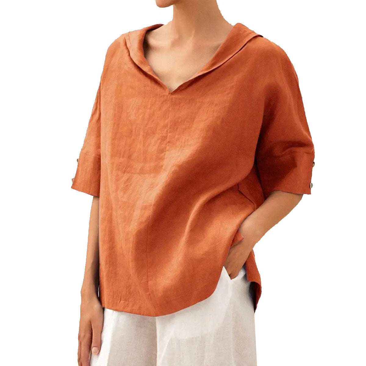 Women's solid V-neck half-sleeve blouse relaxed fit versatile everyday casual top