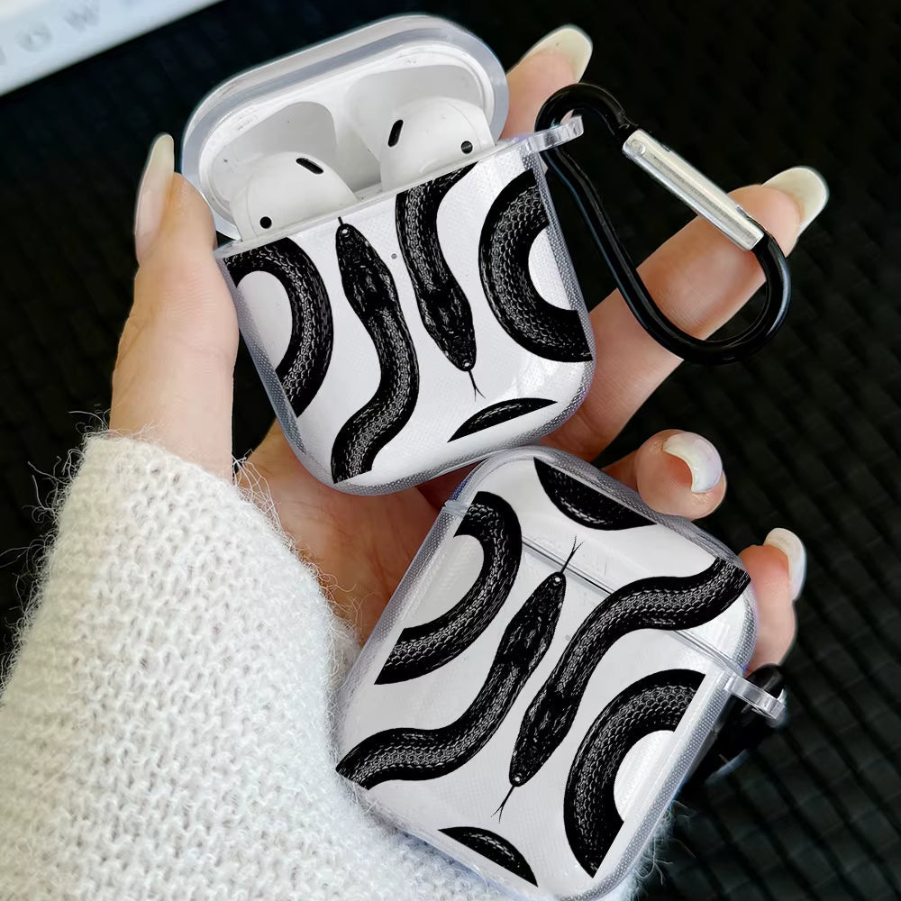 Matte black silicone AirPods case with serpent motif, shock-absorbent grip for active use