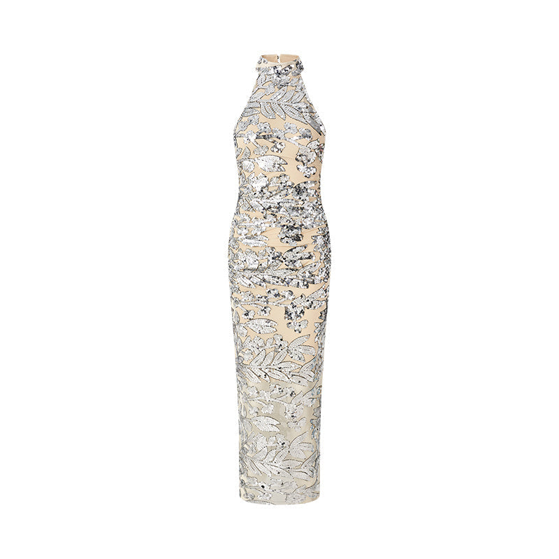 Nude sequined floor-length evening gown with silver glitter high neck, figure-hugging formal silhouette