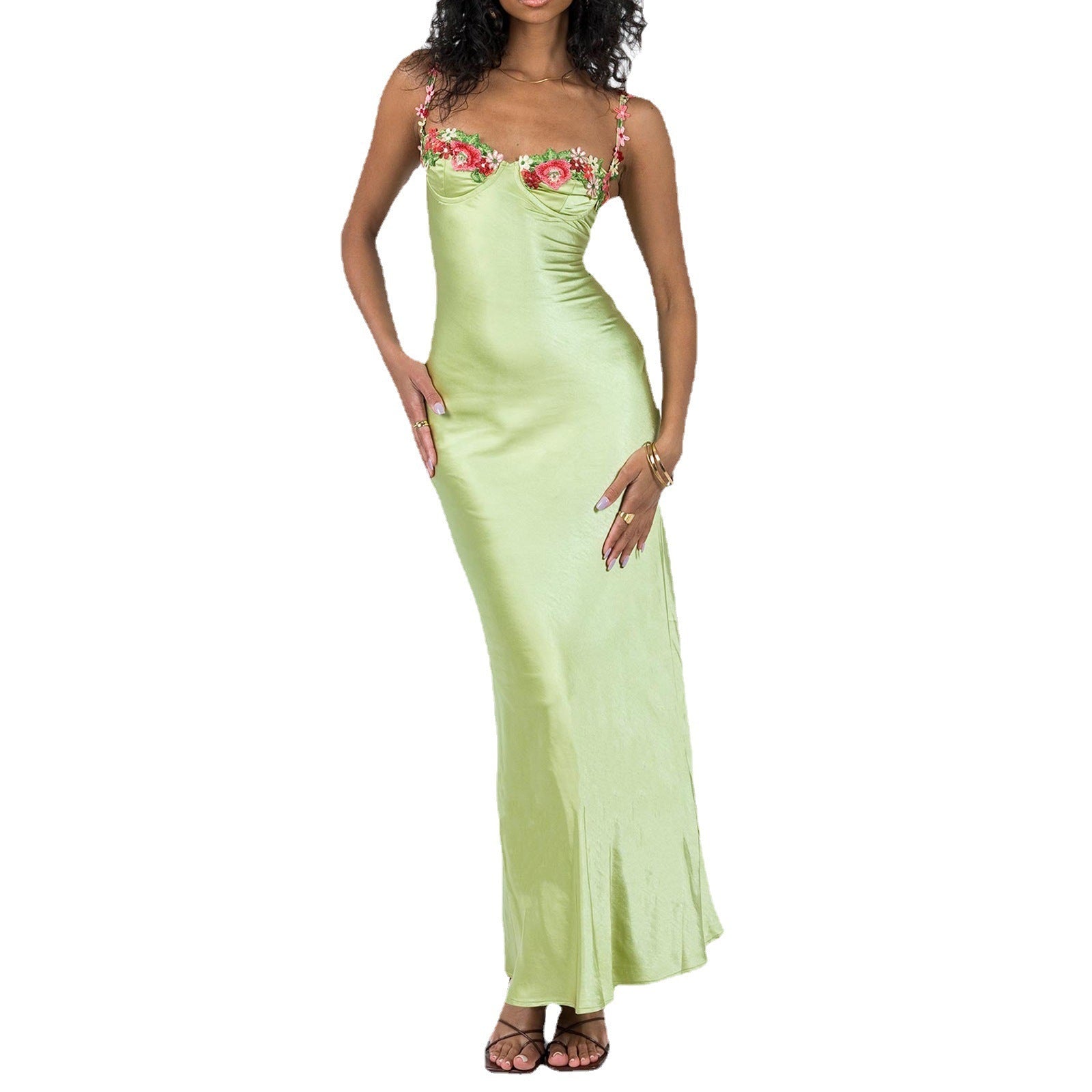 Women's satin maxi slip dress with floral embroidered bodice, elegant festive gown for parties