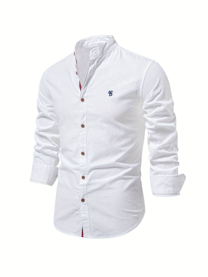 Men's solid color long-sleeve button-down shirt with classic placket for polished everyday elegance