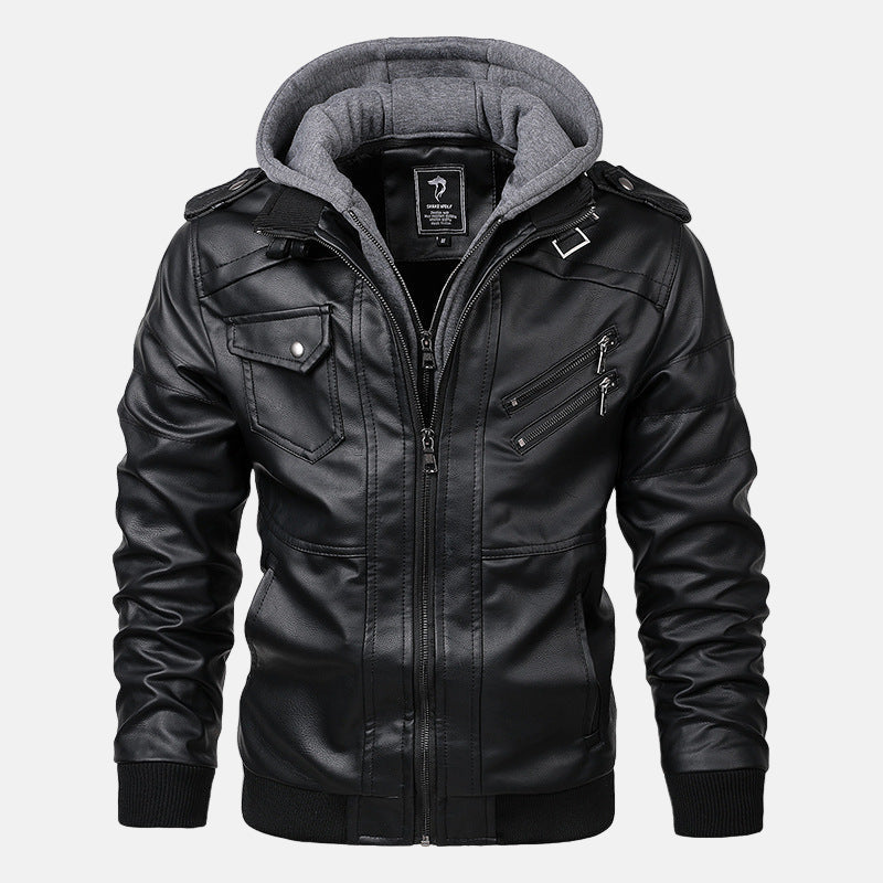 Men's black PU leather hooded moto jacket with zip pockets and adjustable buckle collar