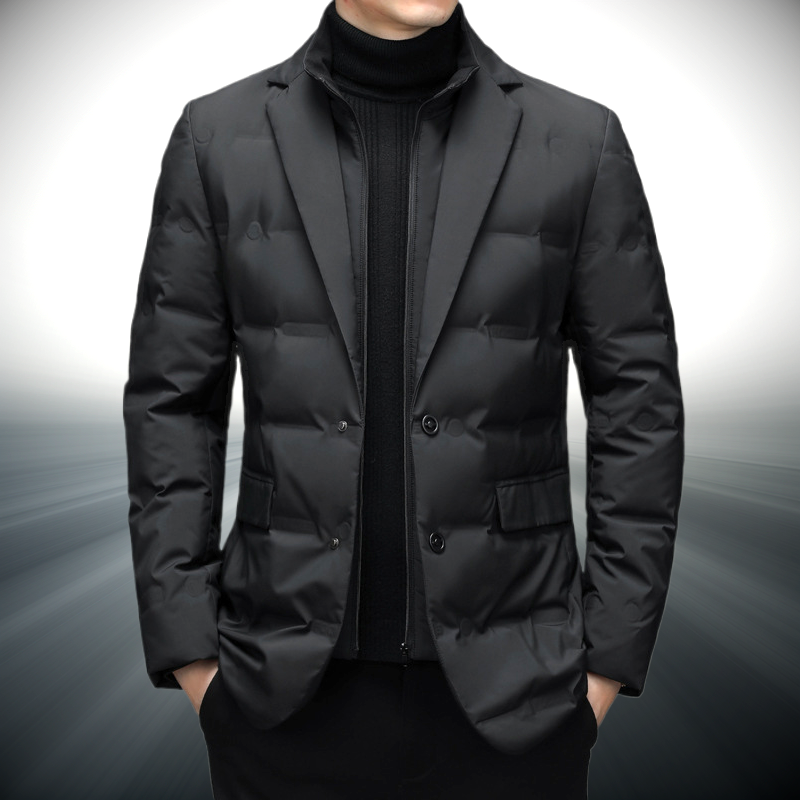 Men's black quilted tailored blazer jacket with structured fit and subtle diamond stitching
