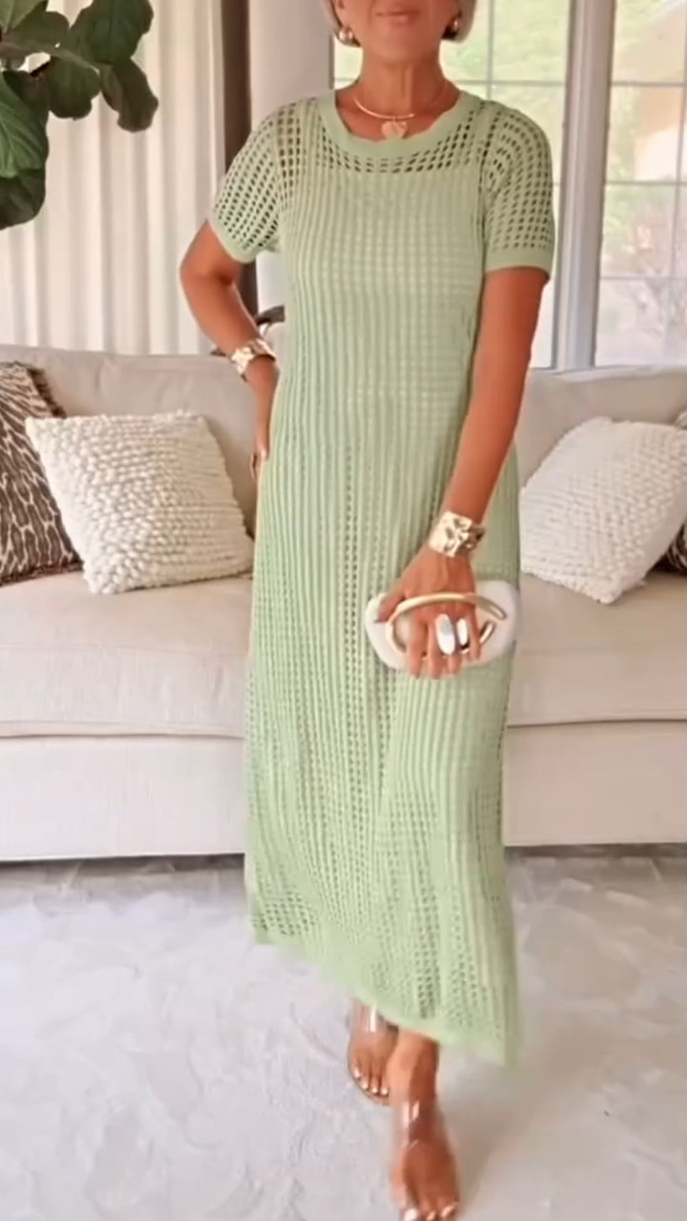 Women's beige two-piece set boat neck hollow detail airy polyester breathable dress