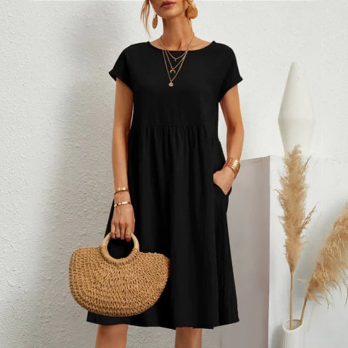 Mila minimalist midi dress for women, elegant round neckline, versatile office-to-event style