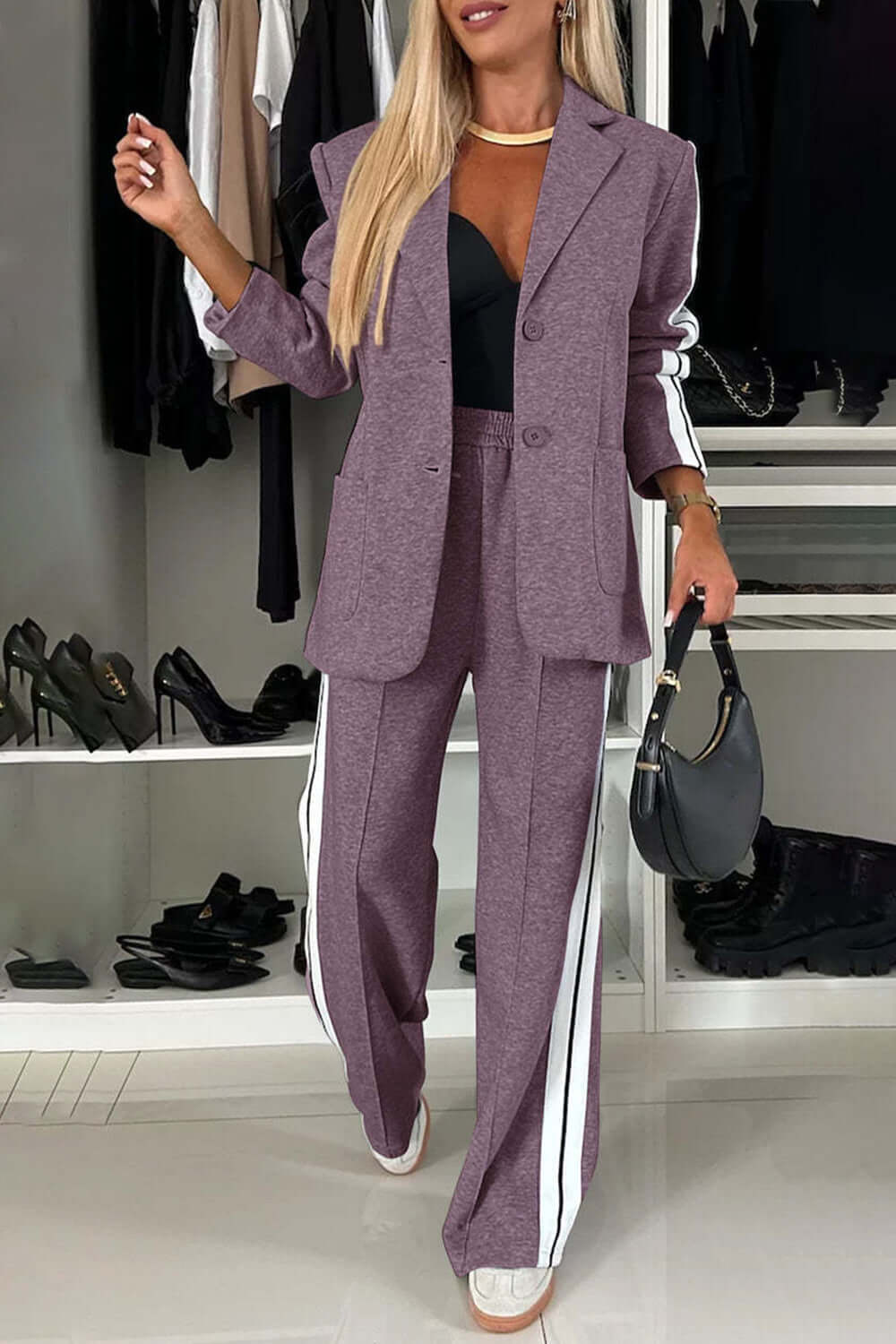 Women's contrast lapel collar two-piece set, buttoned pocketed top, chic office polyester suit