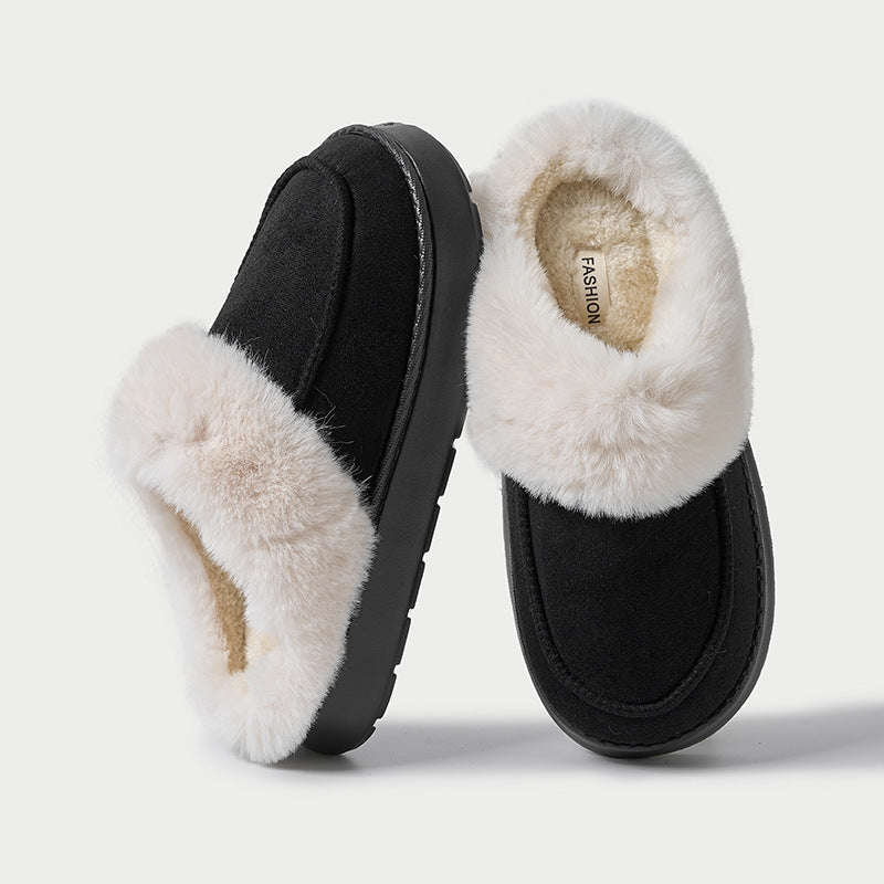 Women's fur-lined slip-on moccasin slippers in warm tones with plush interior and moccasin stitching