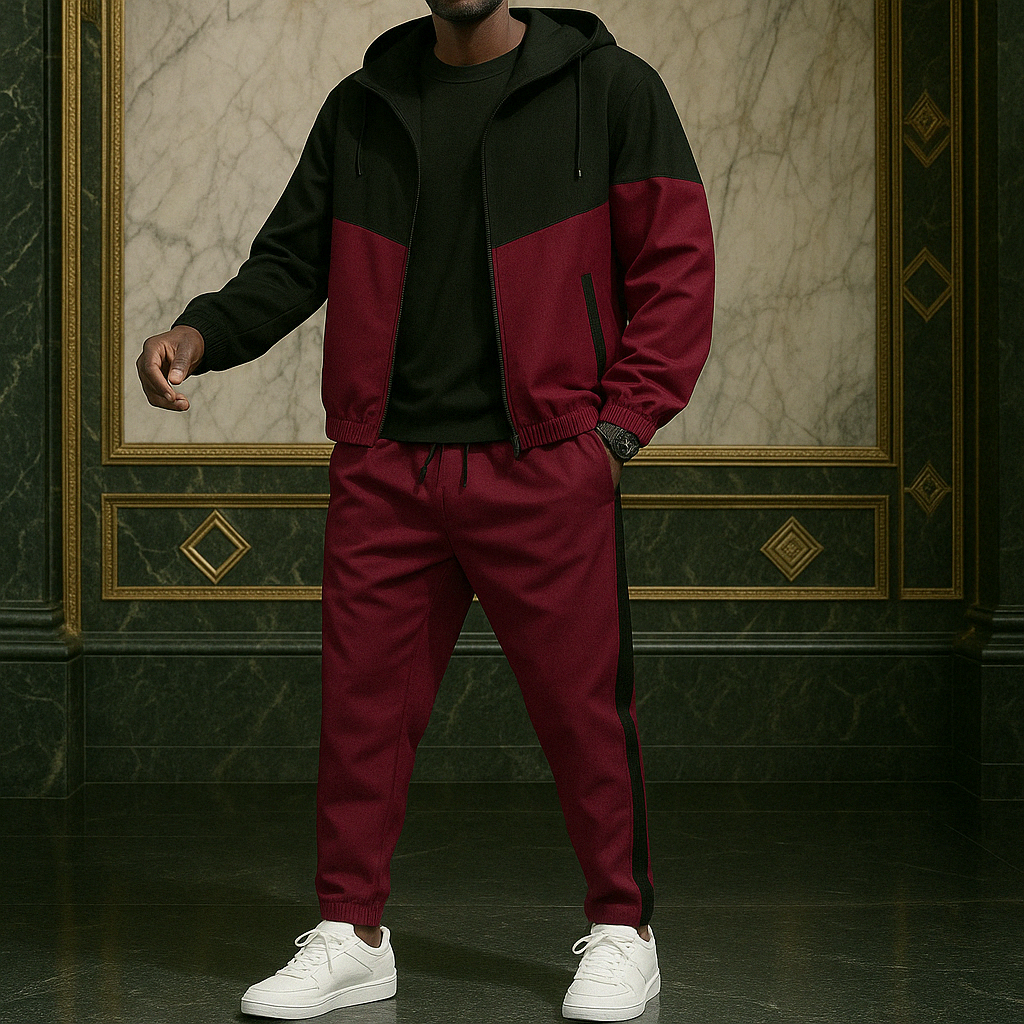 Men's dual-tone color-block tracksuit bold high-contrast panels soft-stretch athletic fit