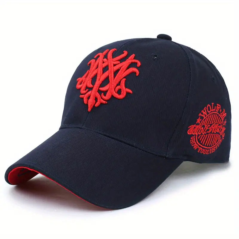 Black structured baseball cap embroidered wolf monogram back streetwear cotton 6-panel crown