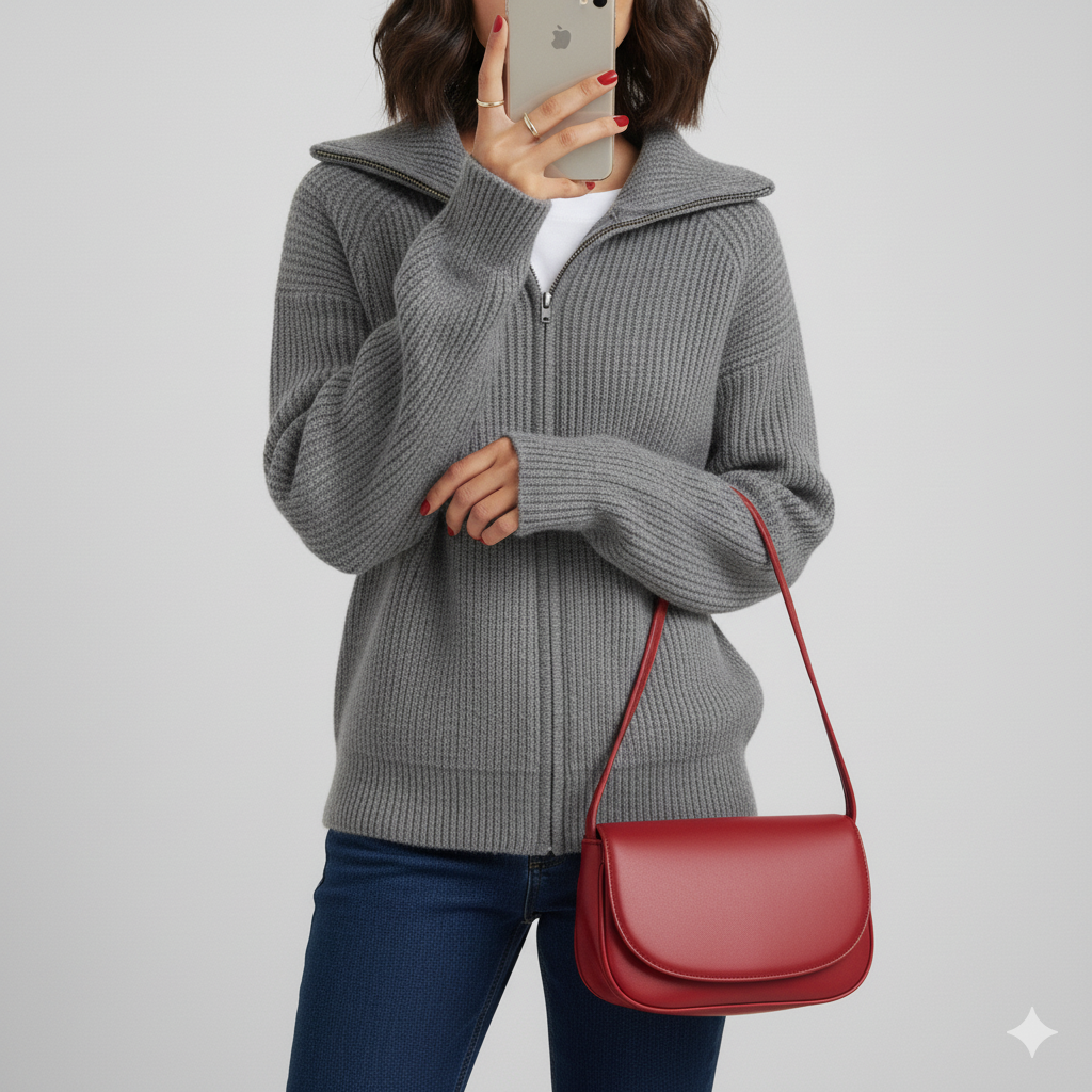 Women's slim fit ribbed knit cardigan high collar zipper closure layering essential cooler days