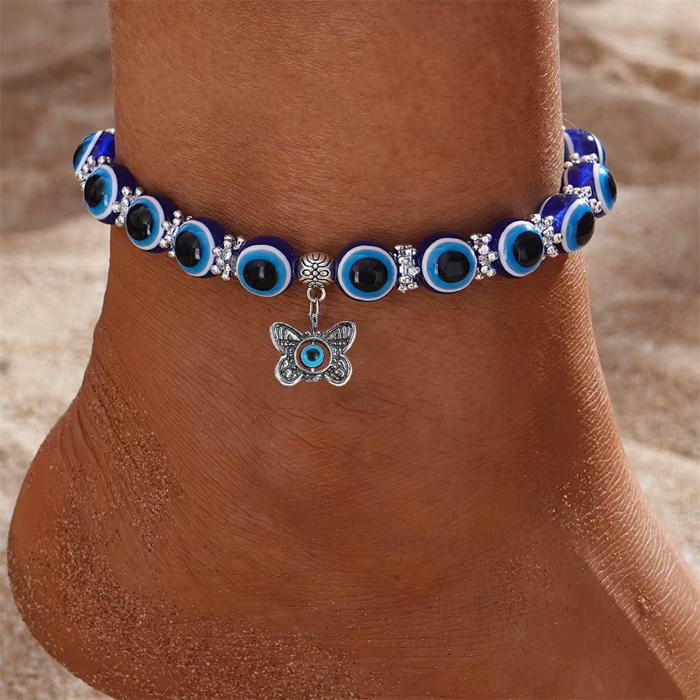 Deep blue evil eye charm anklet unisex stretch-fit handcrafted beads bracelet deflects negativity