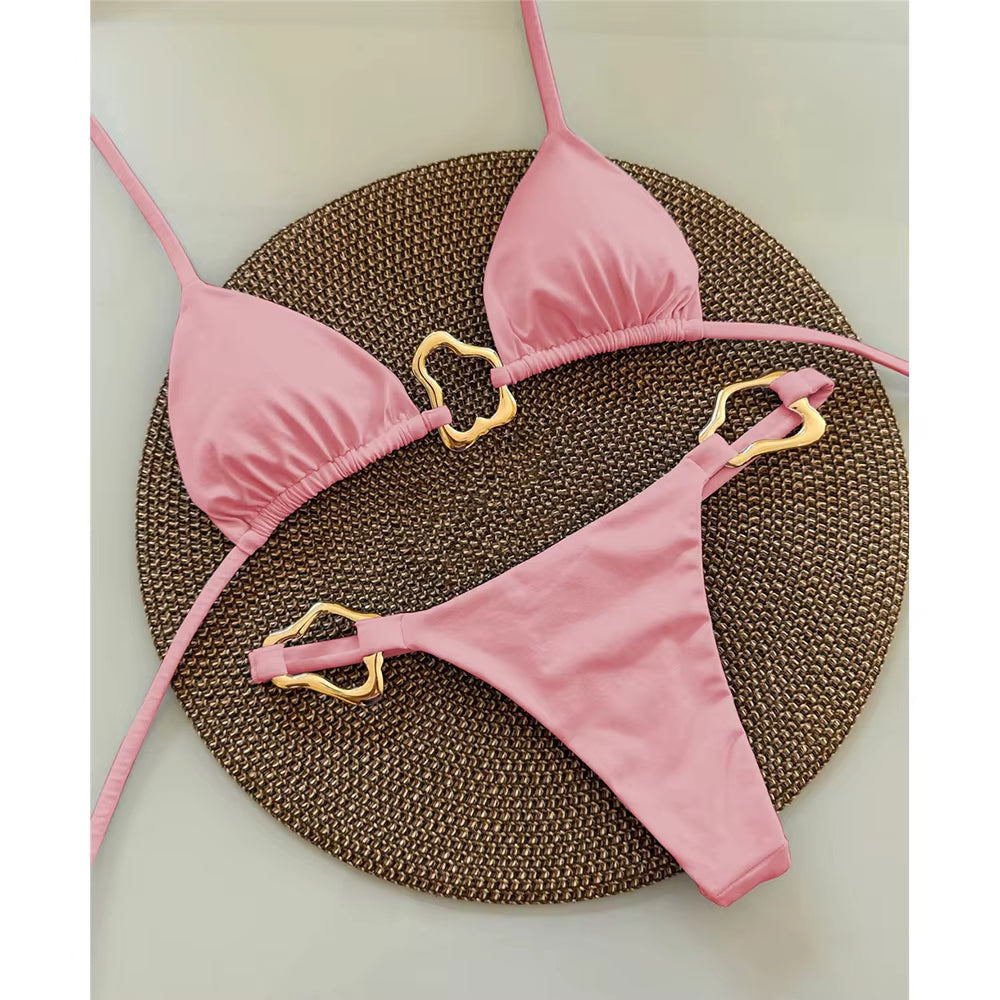 Women's gold ring accent triangle bikini set high-cut bottoms body contouring adjustable ties luxe fit