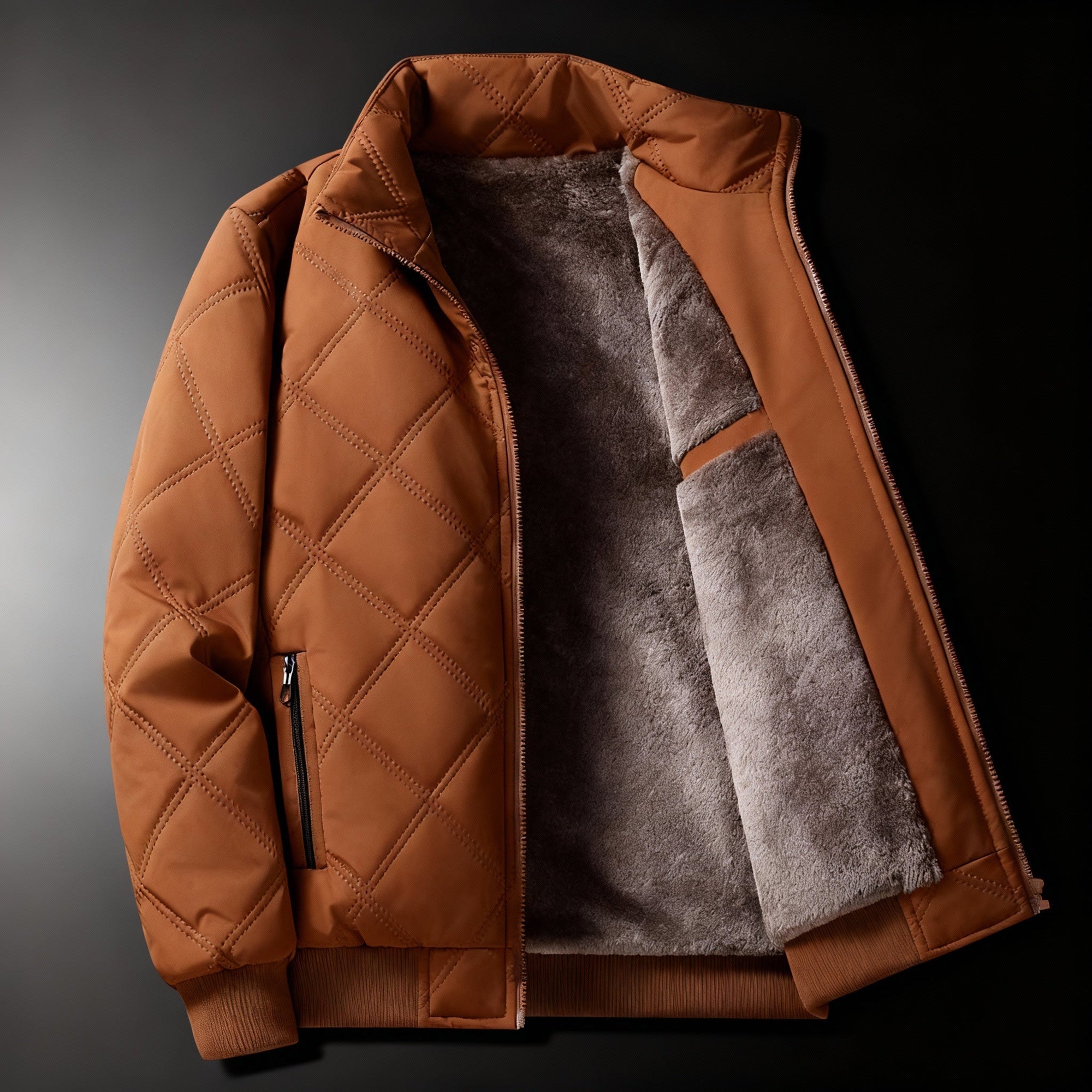 Men's quilted bomber jacket black fleece full-zip stand collar hip-length casual winter outerwear