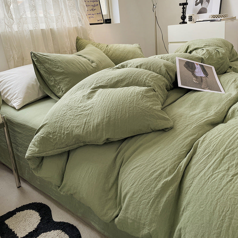 Washed cotton bedding set in neutral tones, minimalist style with pre-softened lived-in texture
