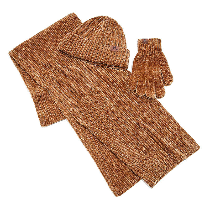 Beige unisex knitted winter set with extra-long scarf, cozy hat and gloves for women and men