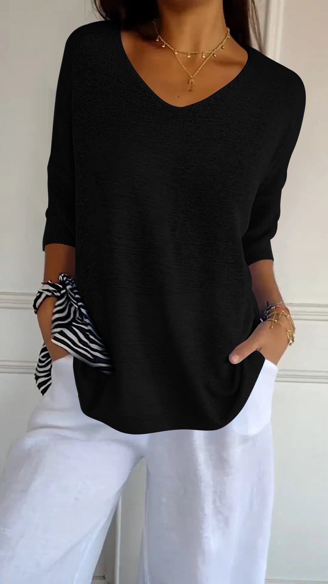 Women's solid color cotton knitted V-neck top, casual lightweight medium sleeve spring summer staple
