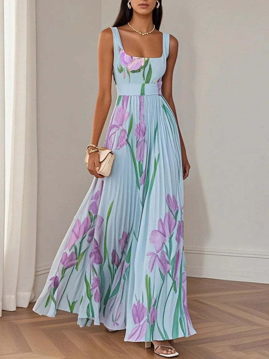 Floral Pleated Chiffon Maxi Dress For Women Elegant Square Neck Sleeve