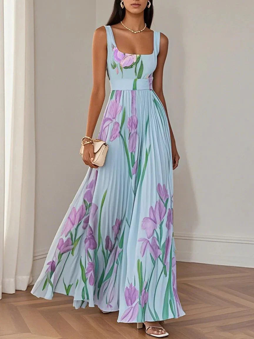 Floral square-neck maxi dress with structured bodice and pleated full-length skirt for outdoor events